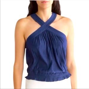 Ramy Brook New York Navy Blue Halter Smocked Waist Ruched Front Top XS